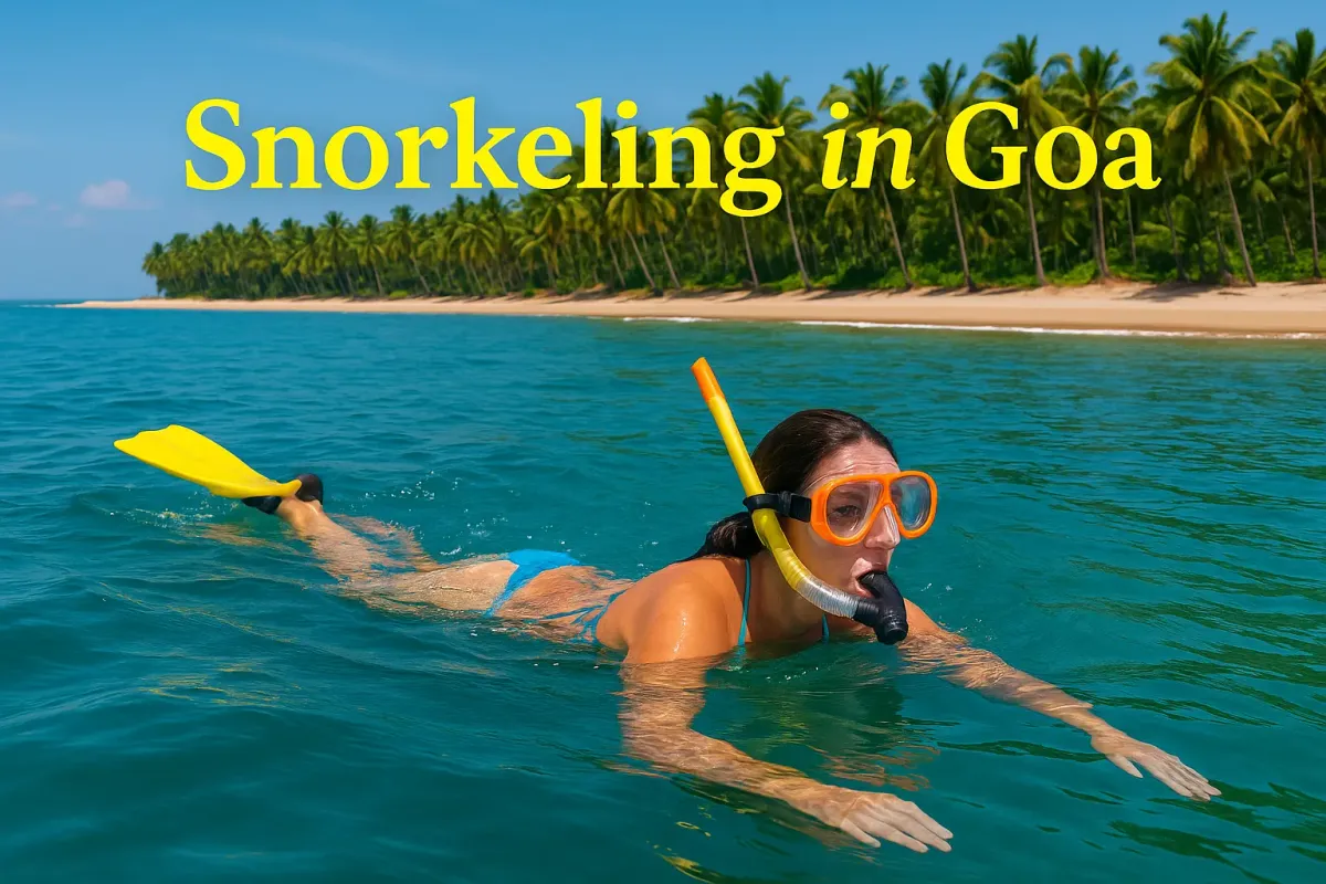 Woman snorkeling in Goa's clear blue waters near a tropical beach lined with palm trees.