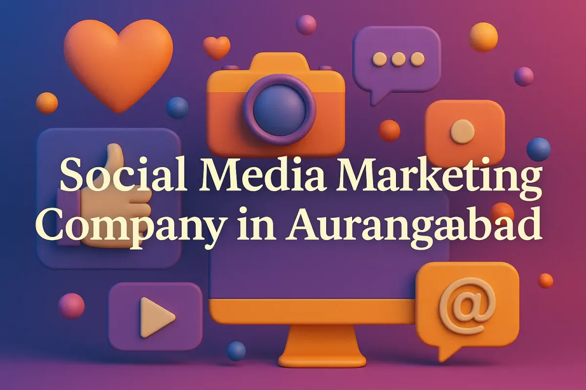 3D social media marketing scene with icons and highlighted text “Social Media Marketing Company in Aurangabad”.