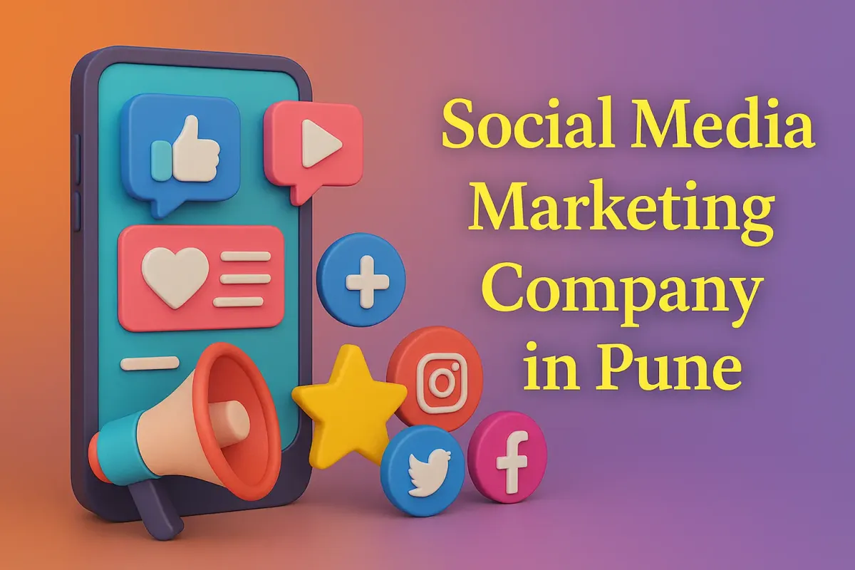 Colorful 3D image with smartphone and social media icons highlighting Social Media Marketing Company in Pune.