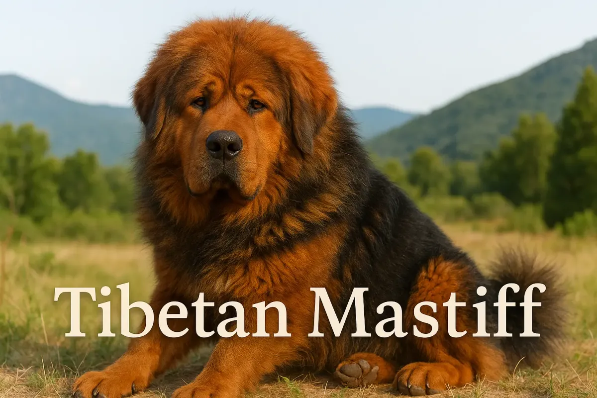 Tibetan Mastiff sitting on grassy field with forested mountains in daylight background.