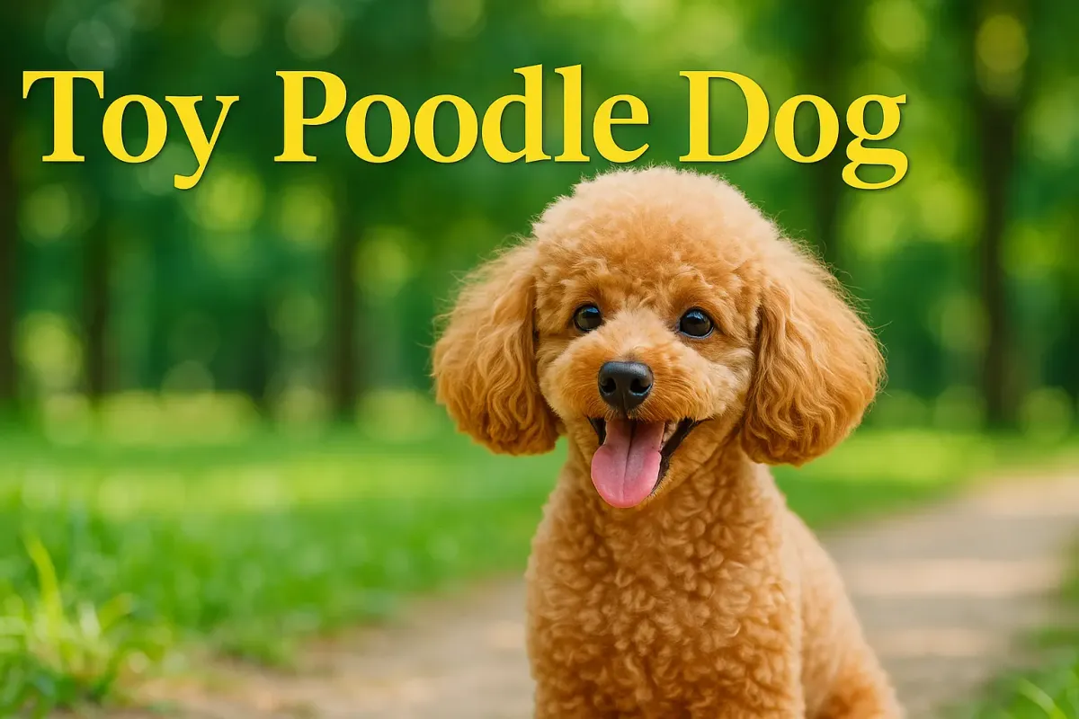 Cute Toy Poodle dog sitting on a sunny park path with bold yellow text overlay.