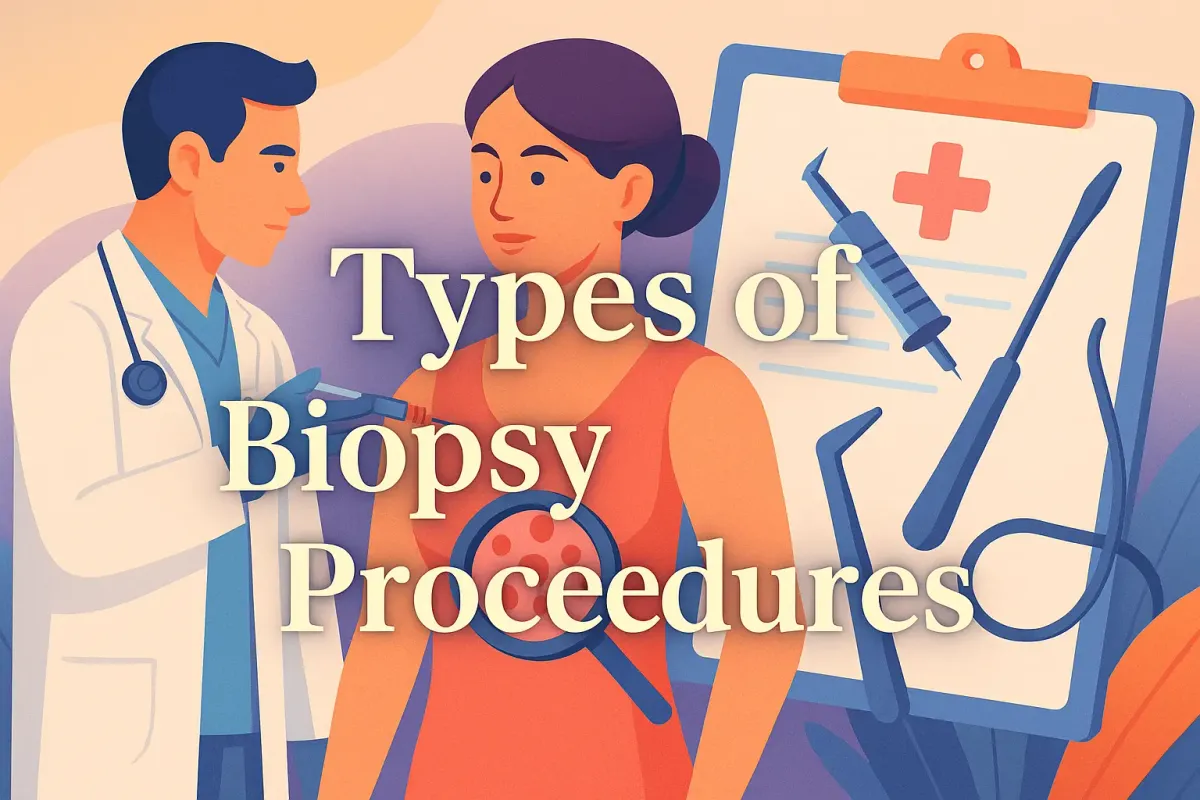 Doctor performing biopsy on patient with tools shown highlights describes types of biopsy procedures.
