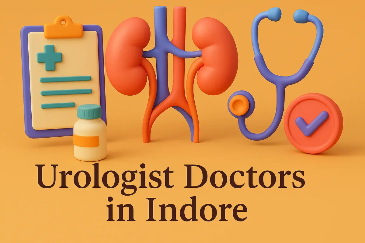 urologist doctor illustration with text "Urologist Doctors in Indore" and colorful kidneys, stethoscope, and medical icons.