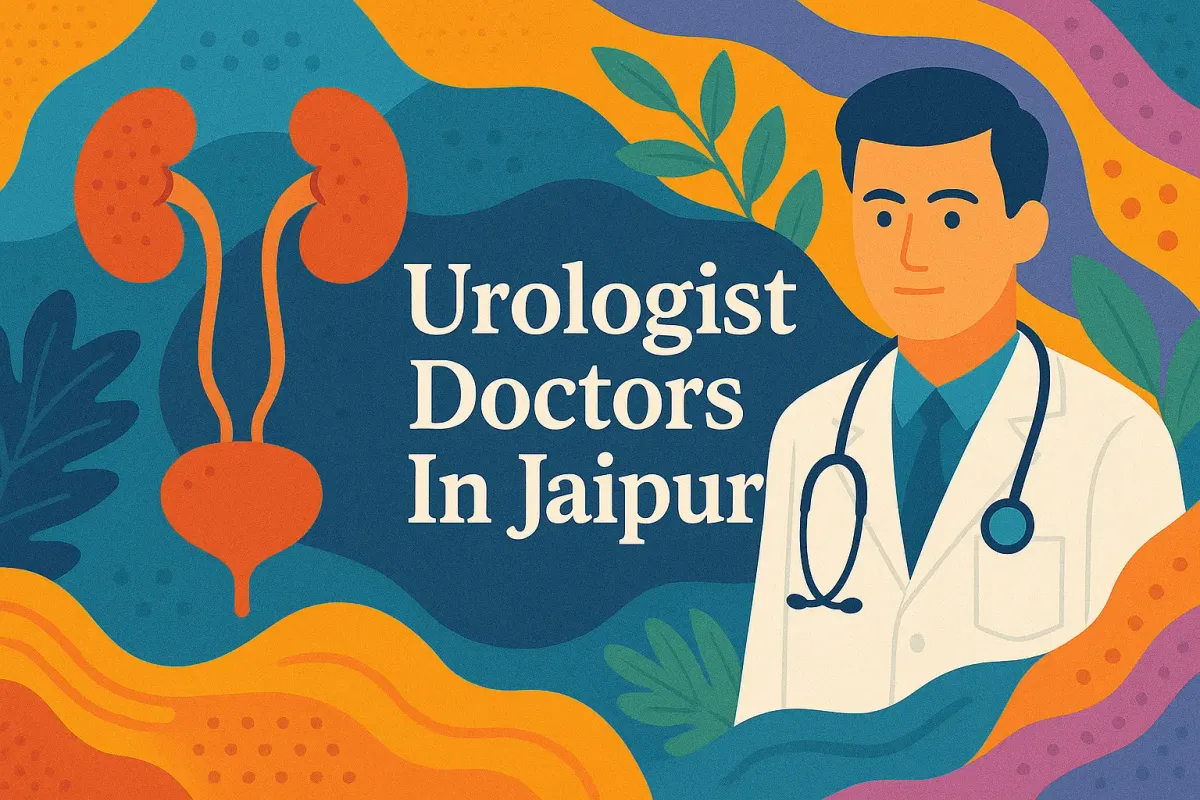 Colorful flat illustration promoting urologist doctors in Jaipur with bold text and stylized medical graphics.