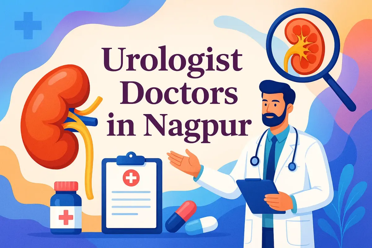 Urologist Doctors in Nagpur with kidney visuals, doctor illustration, Lora font text, and colorful 4D digital design.