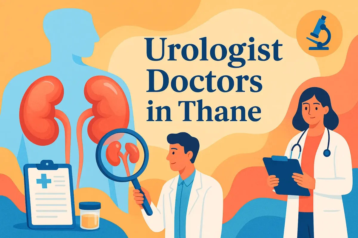 Urologist Doctors in Thane with kidney visuals, colorful background, Lora font text, and modern 4D digital design.