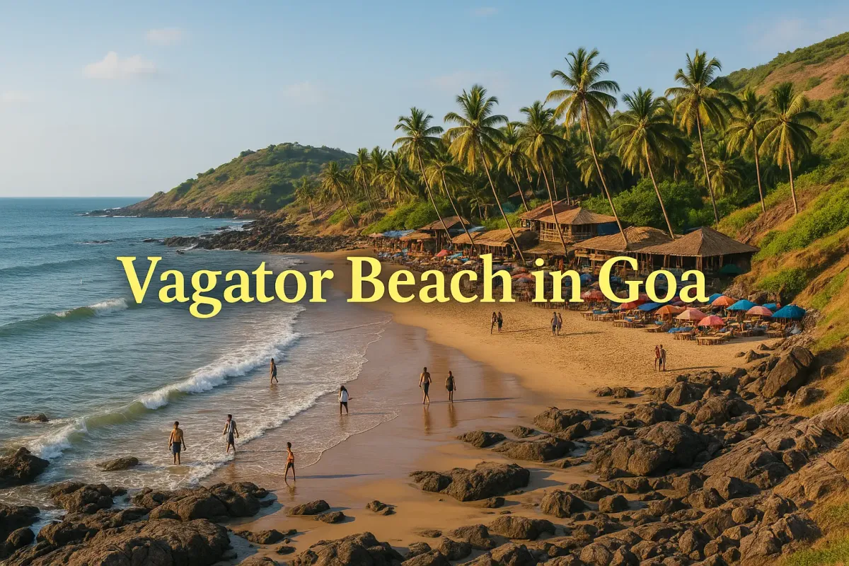 Colorful view of Vagator Beach in Goa with palm trees, rocky shore, beach huts, and tourists walking along the water.