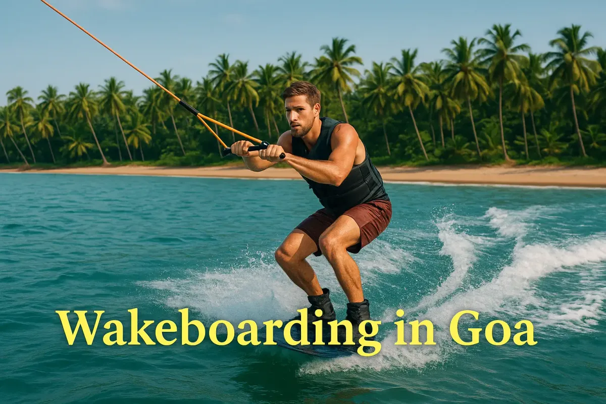 Man wakeboarding on turquoise waters in Goa with tropical palm trees and sandy beach in the background.