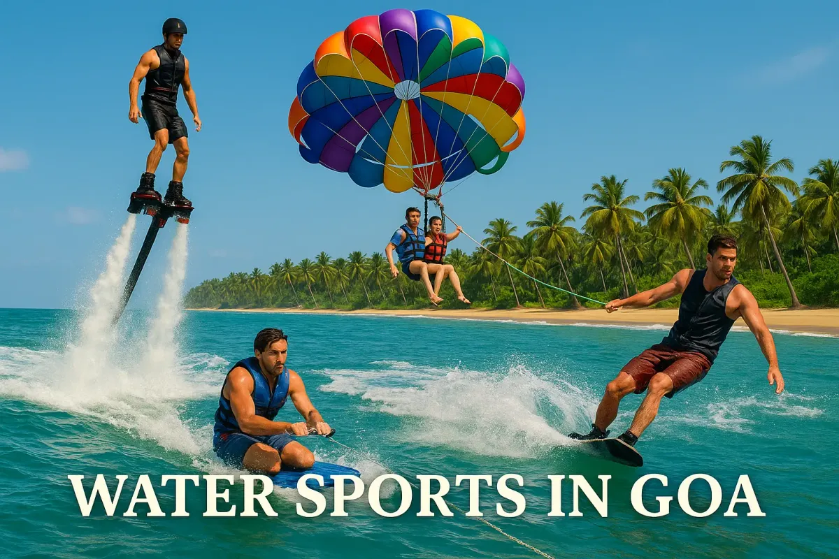 People enjoying flyboarding, parasailing, wakeboarding, and kneeboarding in Goa with palm trees and beach view