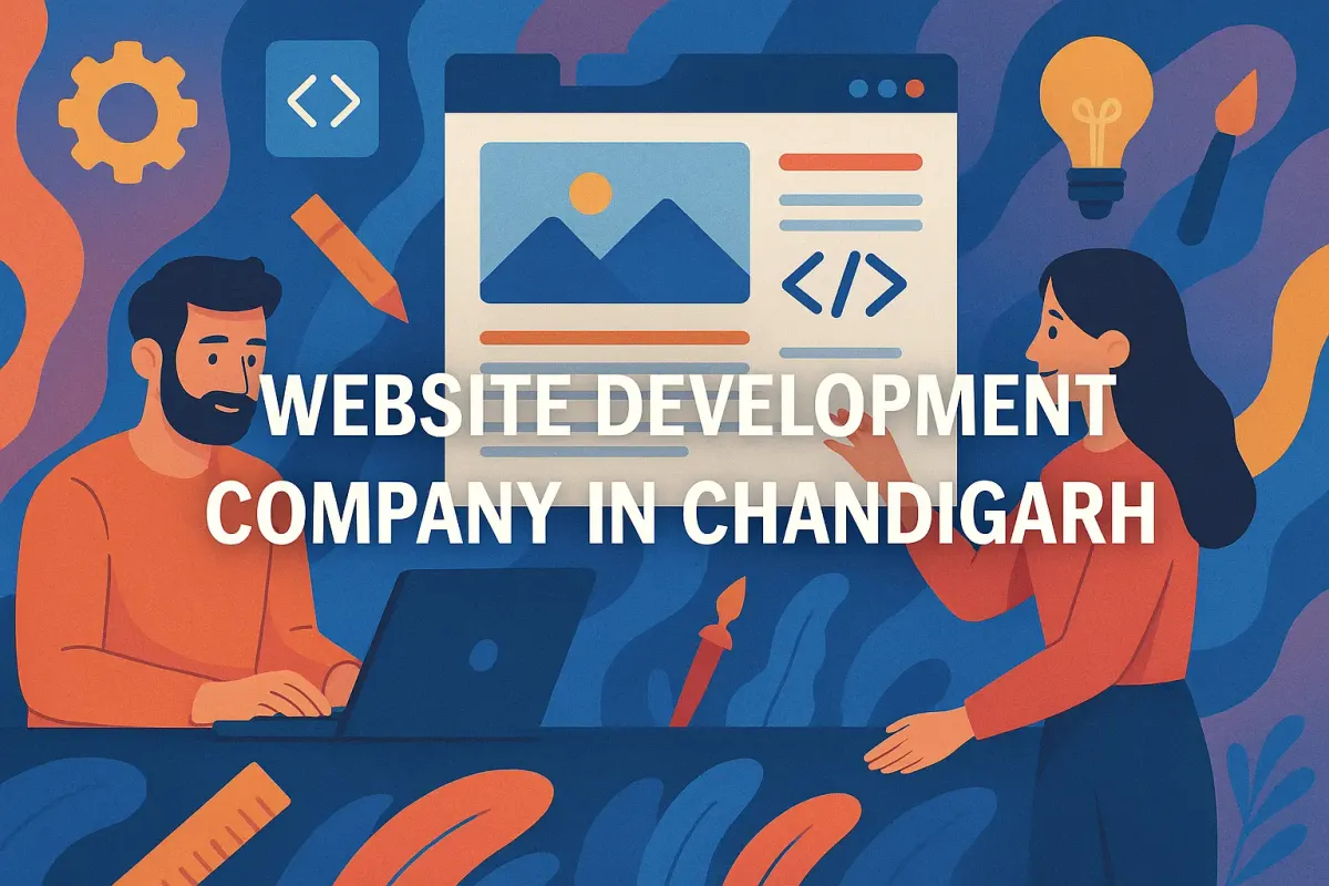 Colorful banner for website development company in Chandigarh with designers, code icons, and creative web layout.