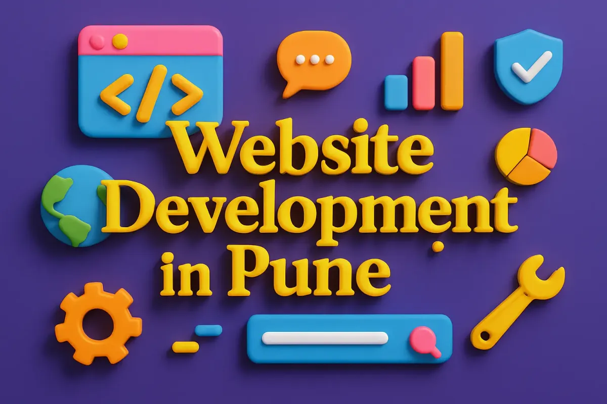 3D text "Website Development Company in Pune" in vibrant colors, shadows, and a creative purple background.