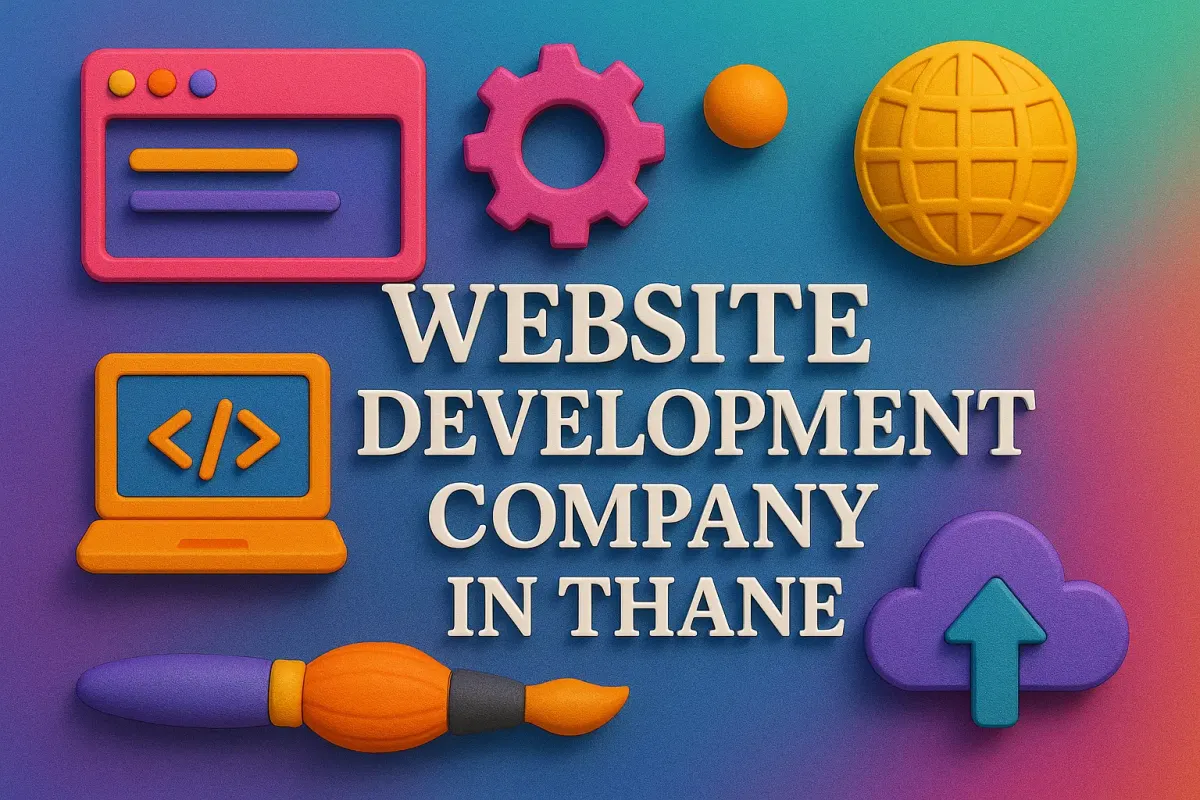 "Website Development Company in Thane" with coding, cloud, and web icons on a vibrant background.