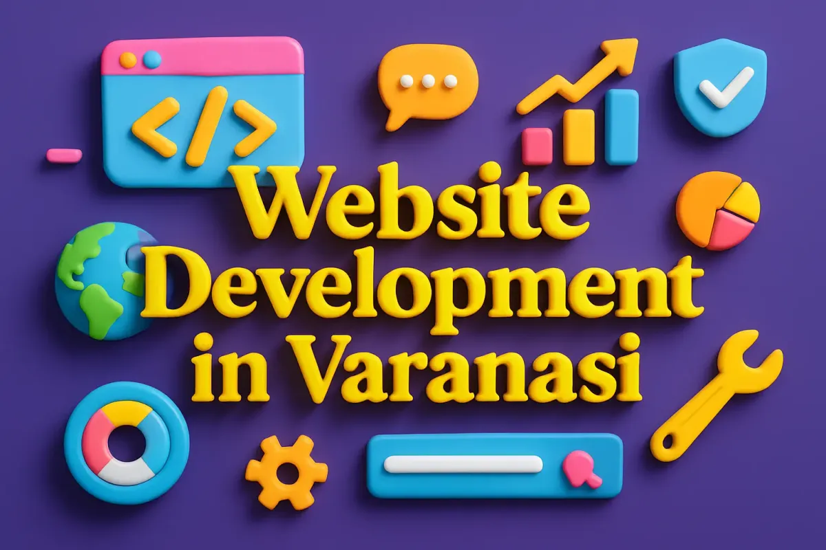 3D text "Website Development Company in Varanasi" in vibrant colors, shadows, and a creative purple background.