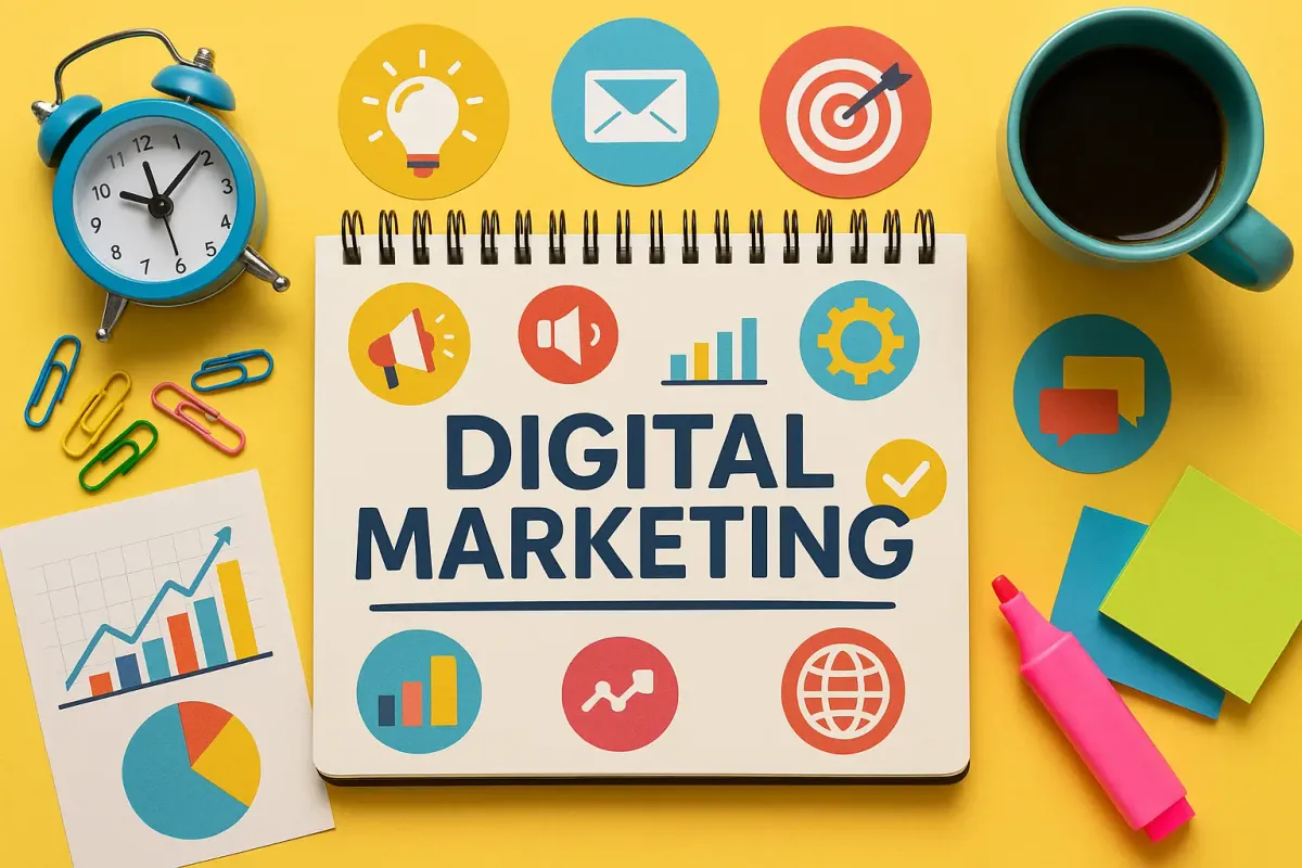 Colorful digital marketing tools with notebook, charts, and icons on desk, text in Lora font with shadow for visual impact.
