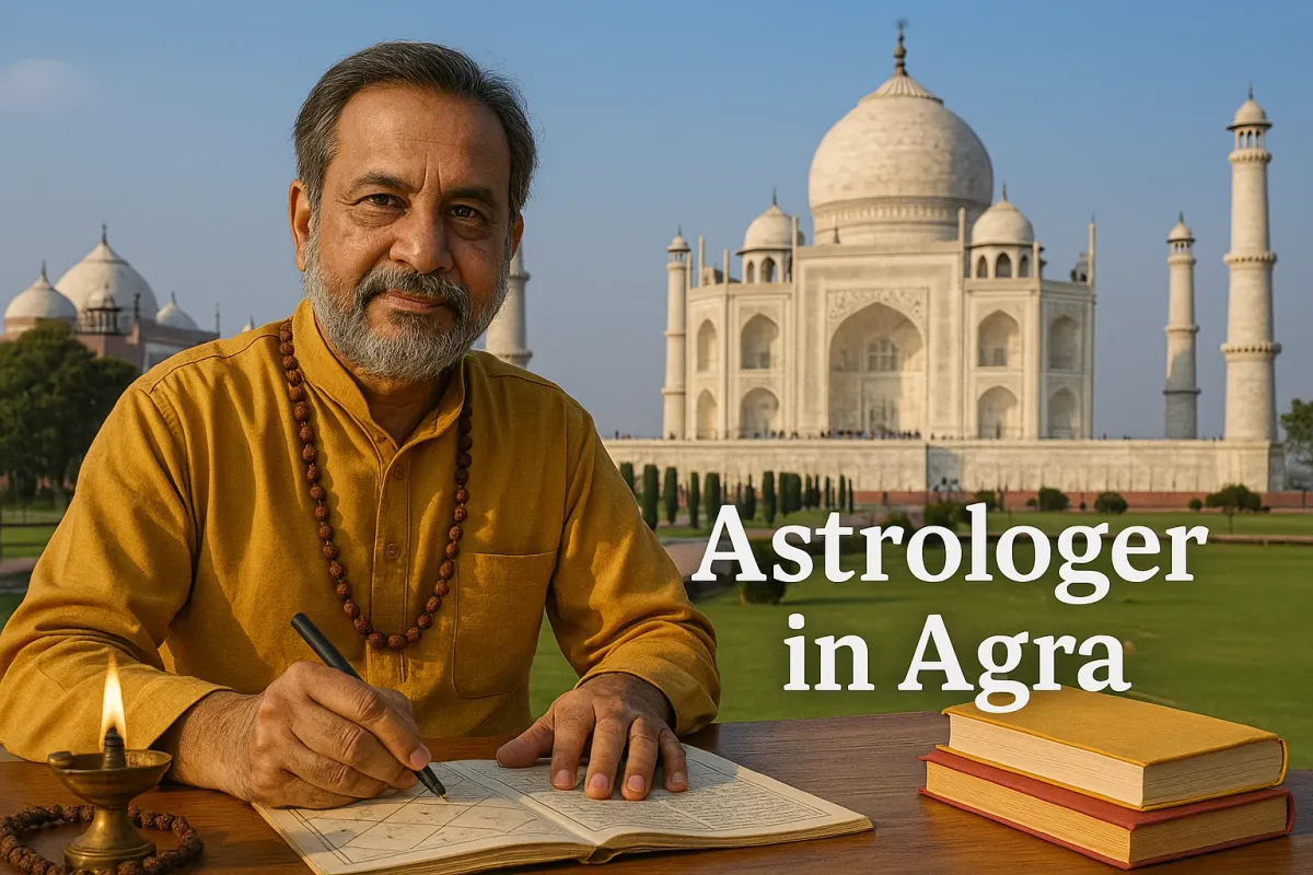 Indian astrologer in yellow kurta writing horoscope near Taj Mahal with “Astrologer in Agra