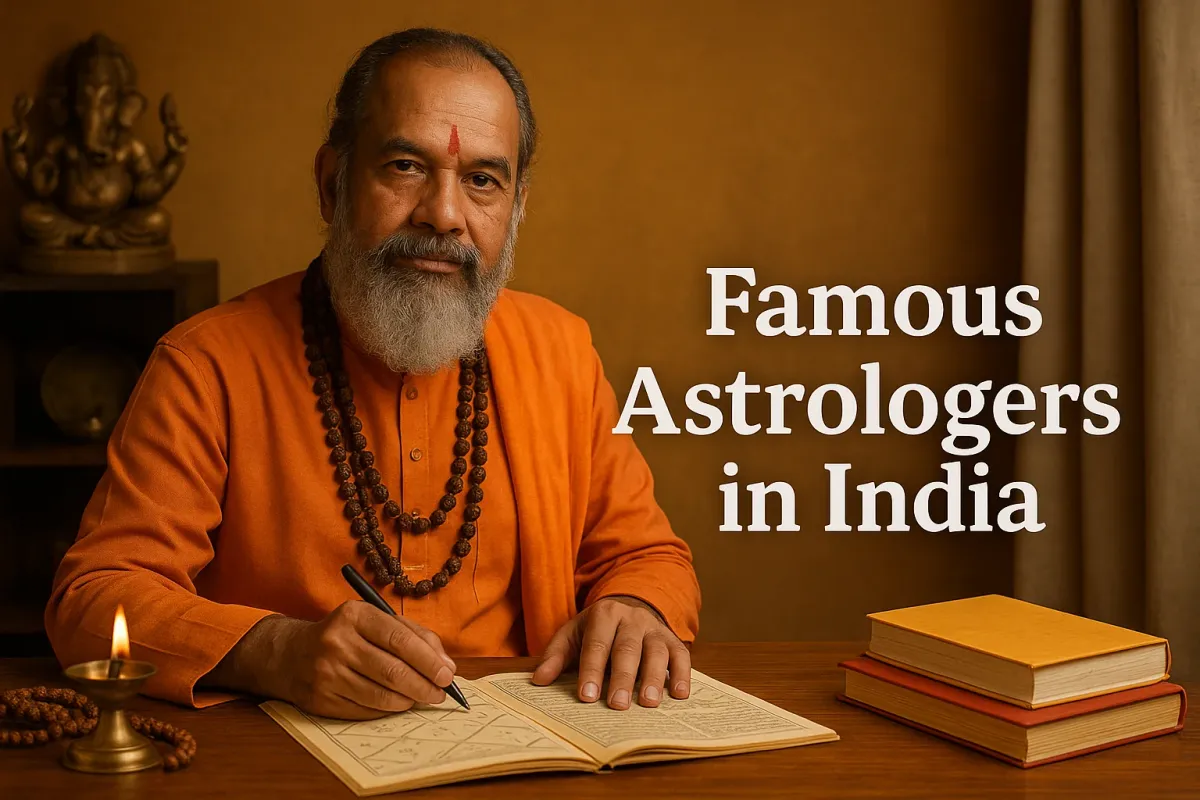 ChatGPT said: Indian astrologer in orange robe writing horoscope chart, with books, and “Famous Astrologers in India”