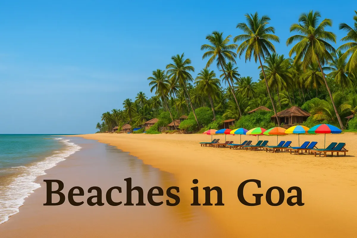 Goa beach with golden sand, colorful umbrellas, palm trees, beach huts, and clear blue sky under bright sunlight.