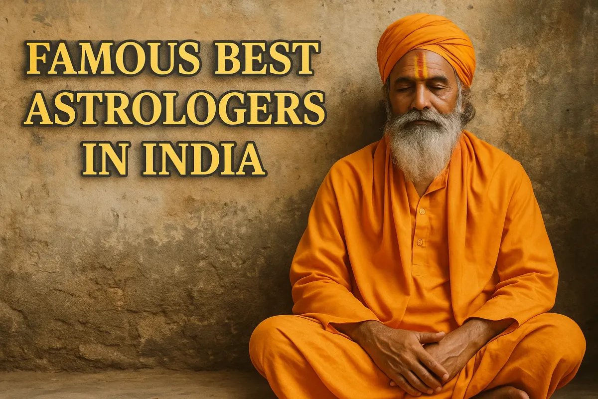 An elderly Indian astrologer in saffron attire sits peacefully by a rustic wall Famous Best Astrologers in India.
