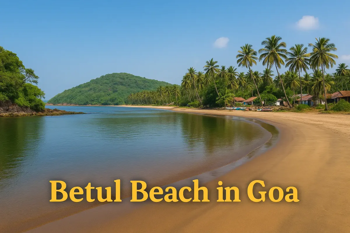 Betul Beach in Goa with golden sand, calm river meeting the sea, lush greenery, and palm trees under a bright blue sky.