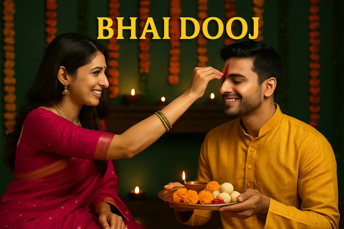 A sister applies tilak on her brother’s forehead during Bhai Dooj, with festive lights and marigold decorations.
