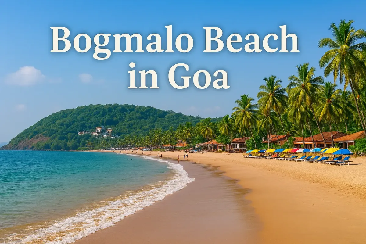 Scenic view of Bogmalo Beach in Goa with golden sand, palm trees, and colorful beach umbrellas.
