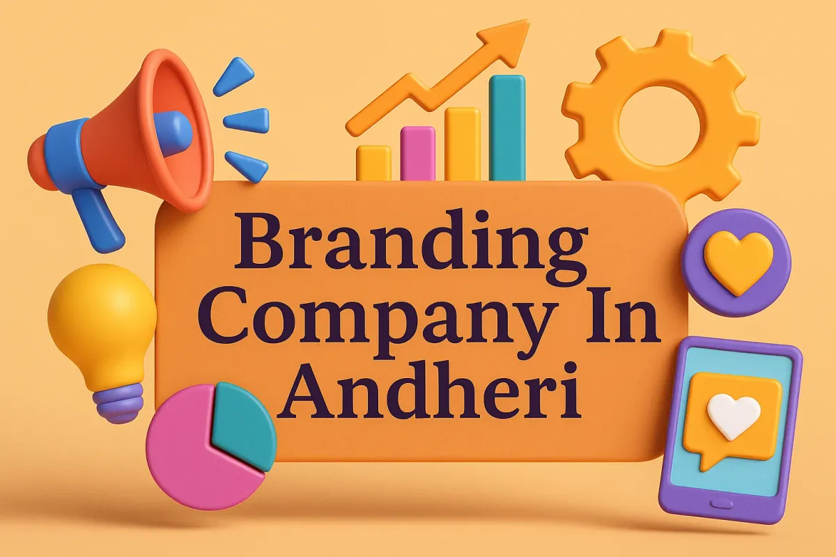 3D colorful banner “Branding Company In Andheri” surrounded by marketing icons like graph, gear, lightbulb, and megaphone
