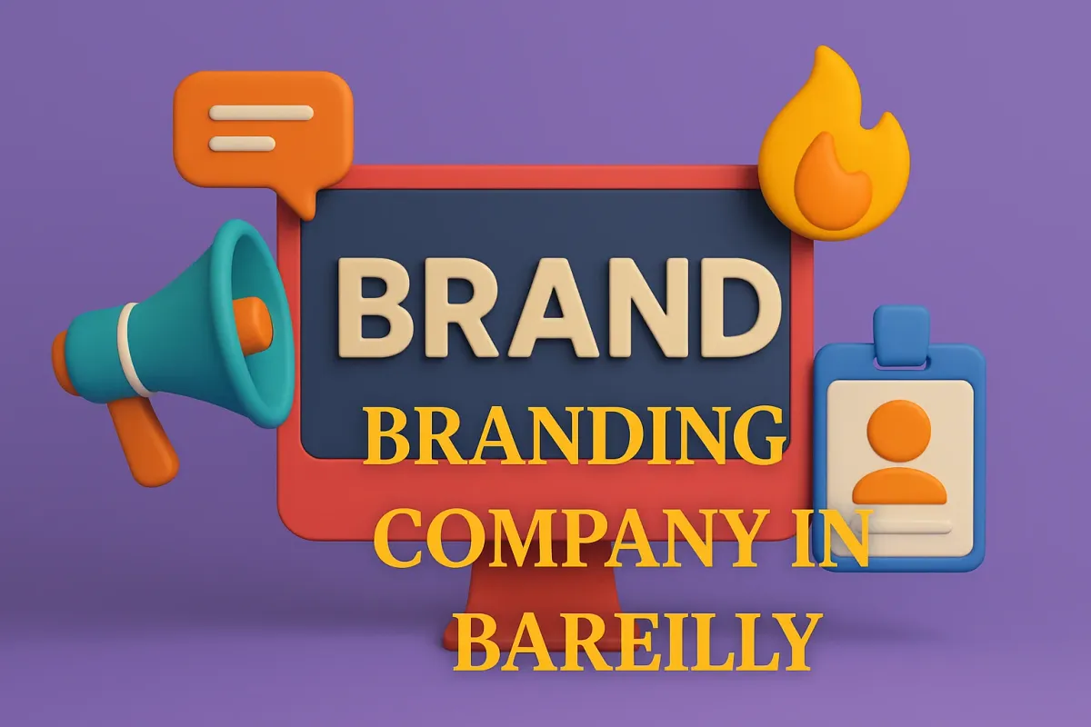 illustration of Branding Company in Bareilly with megaphone, ID badge, and bold Lora font on a vibrant purple background
