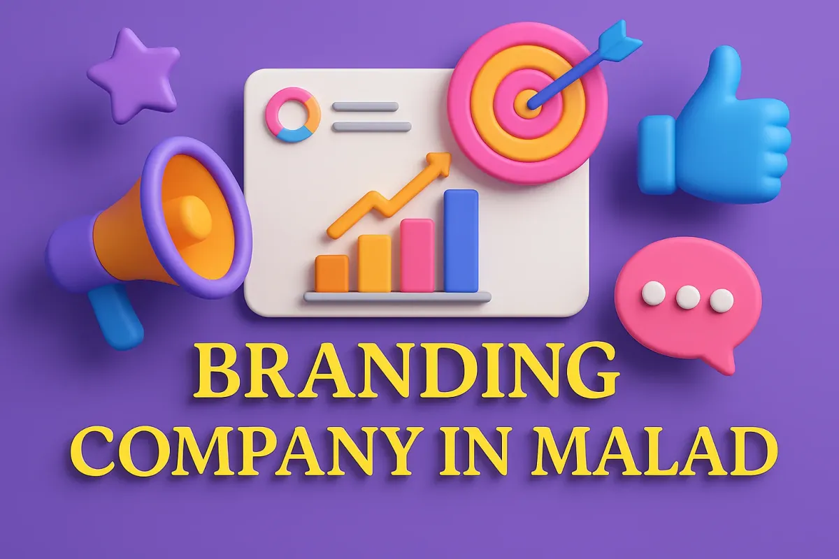 3D branding concept with colorful icons and bold “Branding Company in Malad” text on a purple background.
