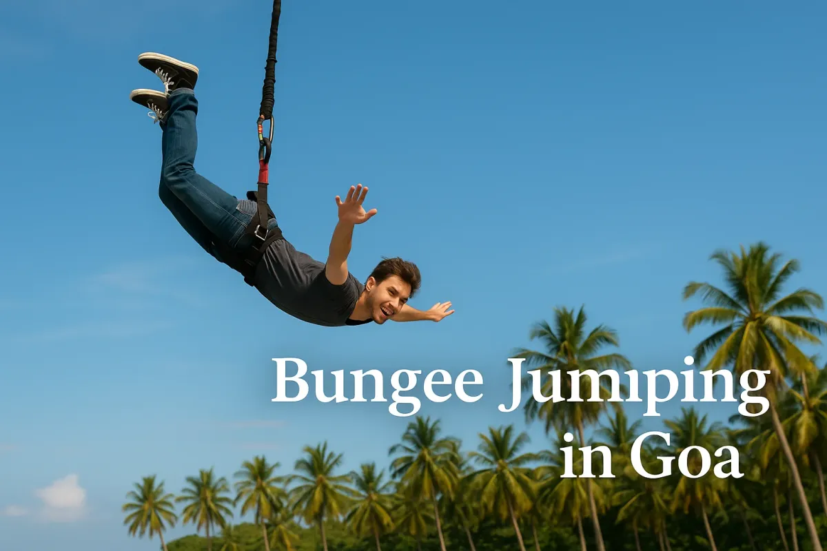 A young man is captured mid-air during a bungee jump in Goa, with lush palm trees a clear blue sky.