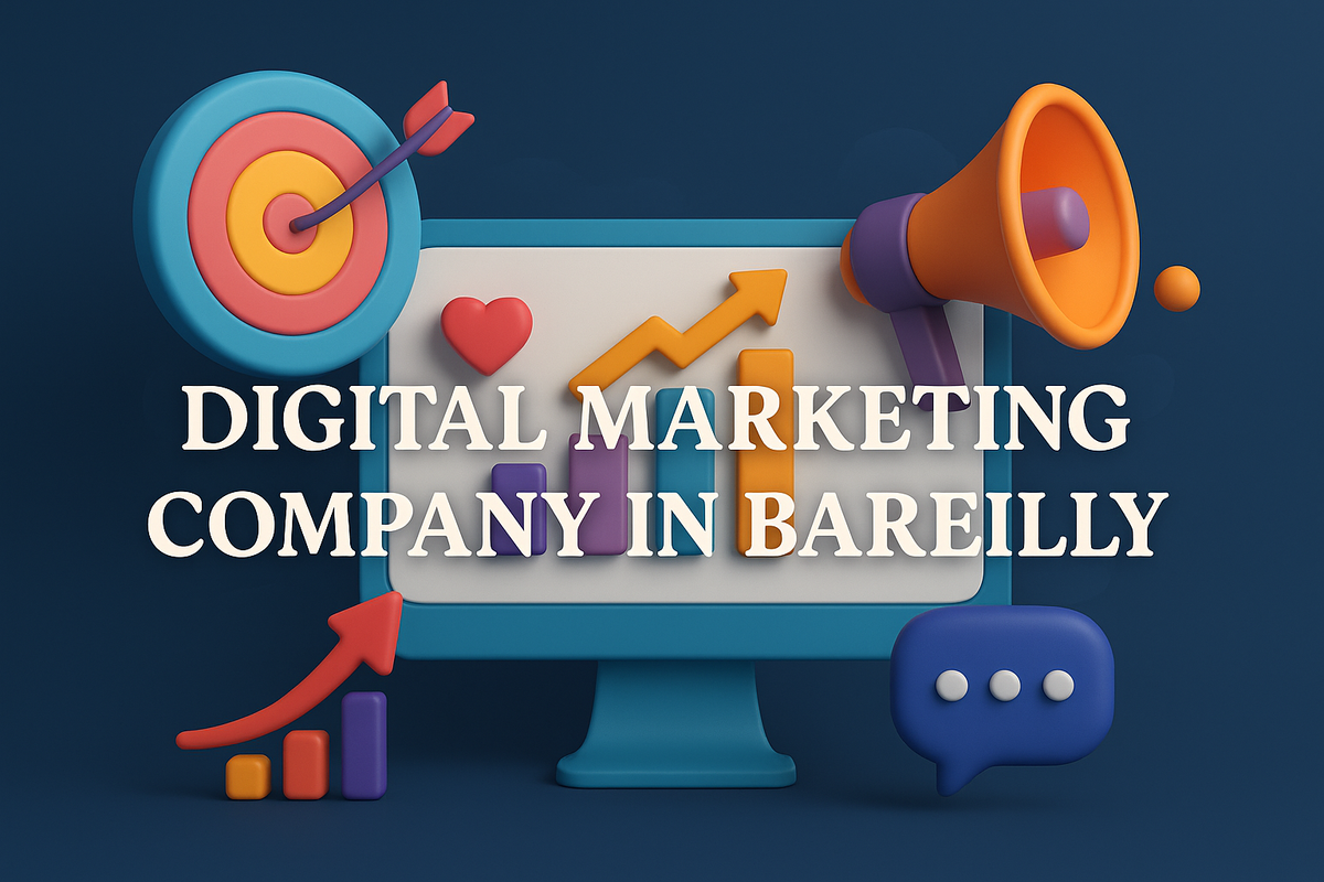 Alt text: **"3D illustration of Digital Marketing Company in Bareilly with colorful icons, monitor, graph,