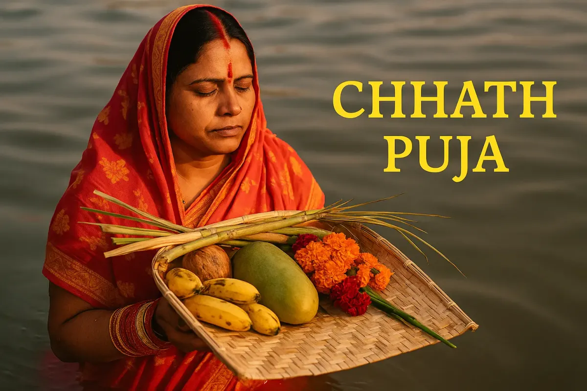 A woman in red saree performs Chhath Puja in river, holding a basket with fruits and flowers during sunset.