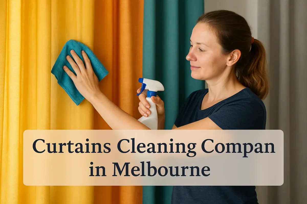 A woman cleaning colorful curtains with a spray bottle and cloth in a bright room