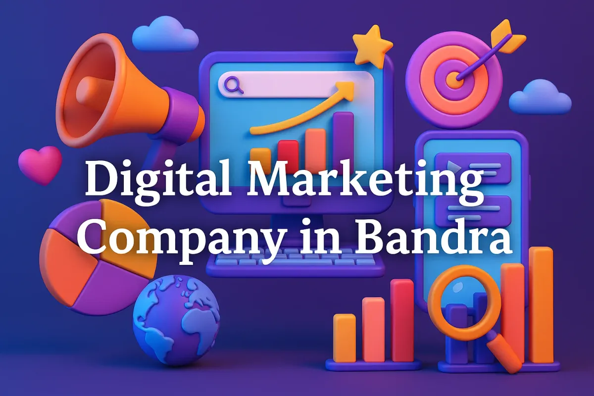3D digital illustration of a vibrant marketing concept with charts, devices, and text "Digital Marketing Company in Bandra".