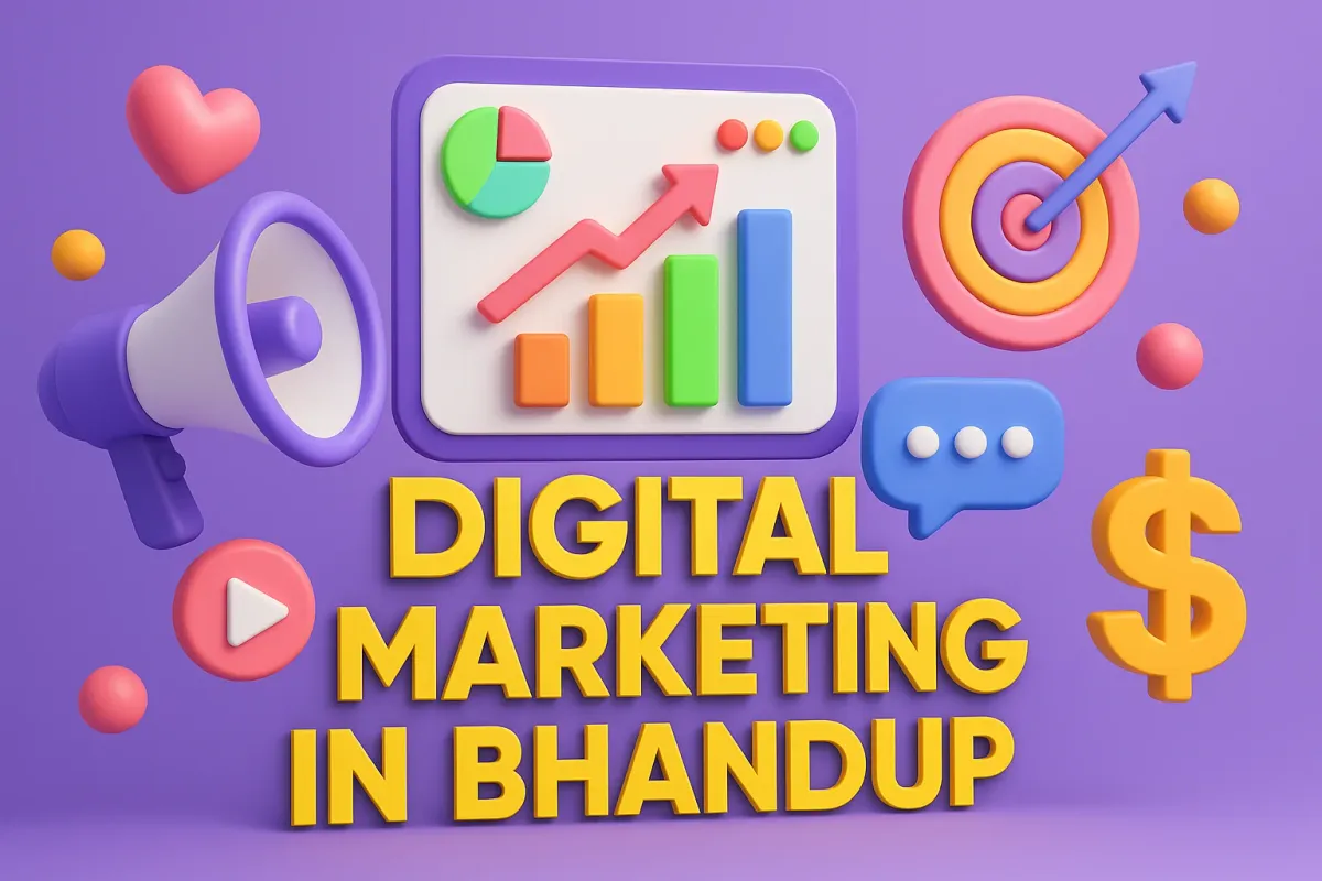 3D digital illustration of “Digital Marketing in Bhandup” icons, and bold shadowed Lora-font text on a purple background.