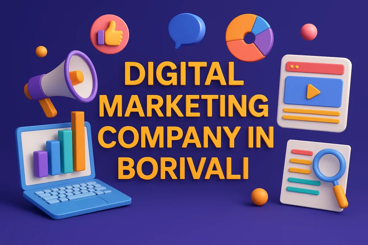3D illustration of a digital marketing company in Borivali with charts, devices, and bold text on a colorful background.