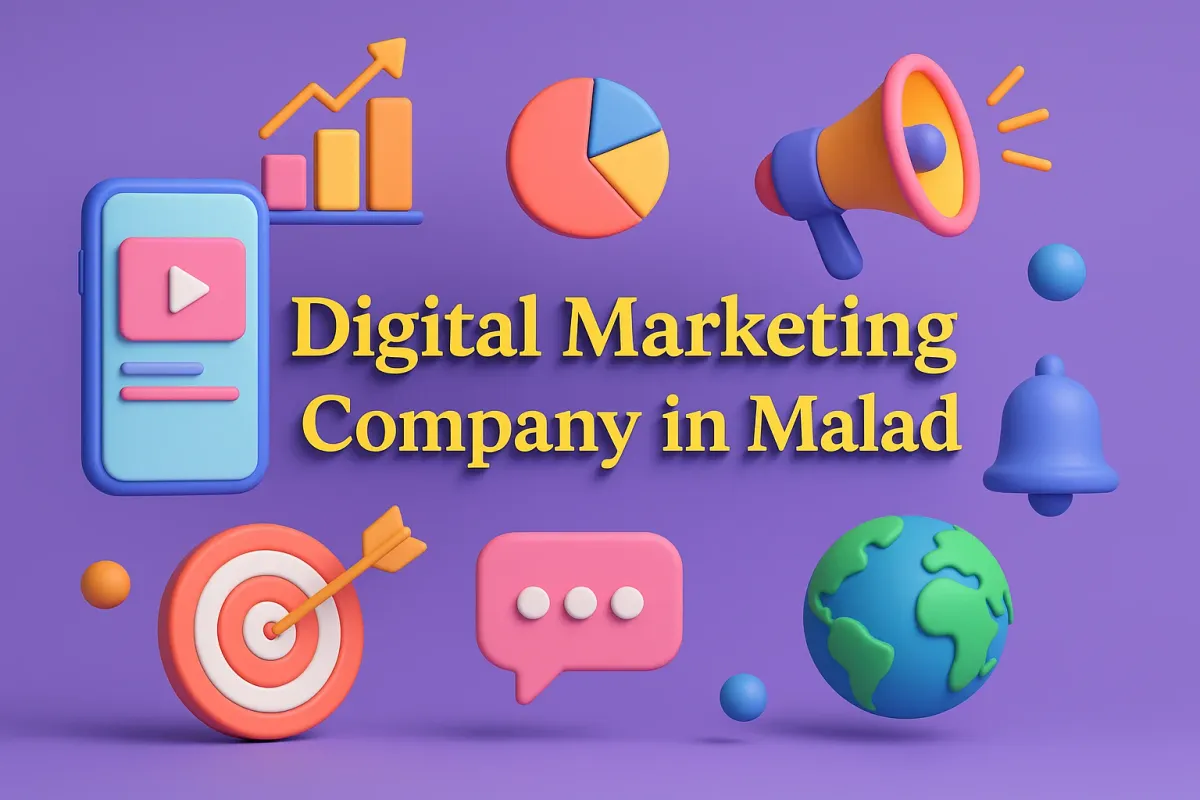 vibrant icons and bold text "Digital Marketing Company in Malad" in Lora font on a purple background.