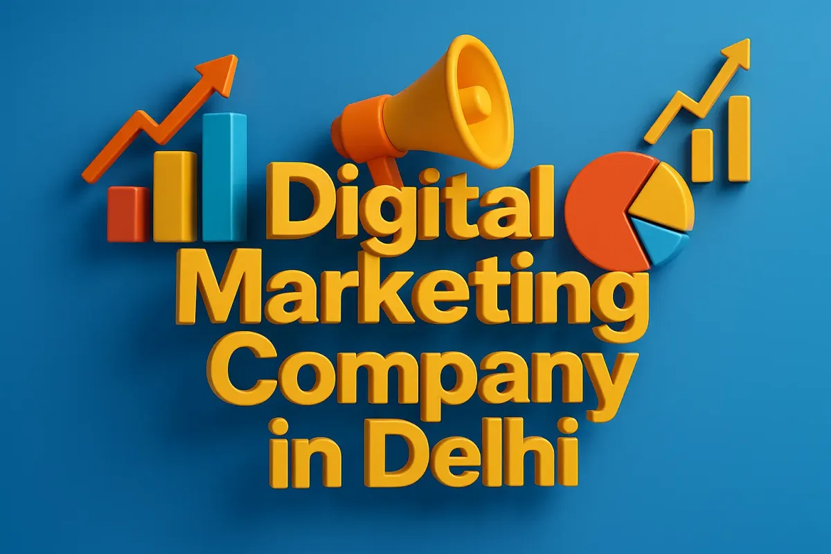 3D text reading "Digital Marketing Company in Delhi" with charts, arrows, and a megaphone on a blue background.