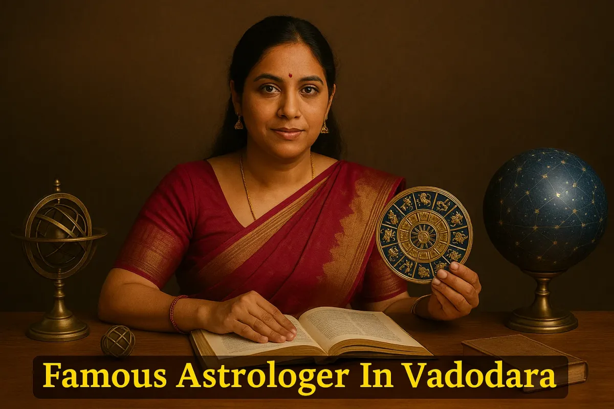 astrologer in traditional saree holding zodiac chart, with celestial globe and astrological tools on table in Vadodara.