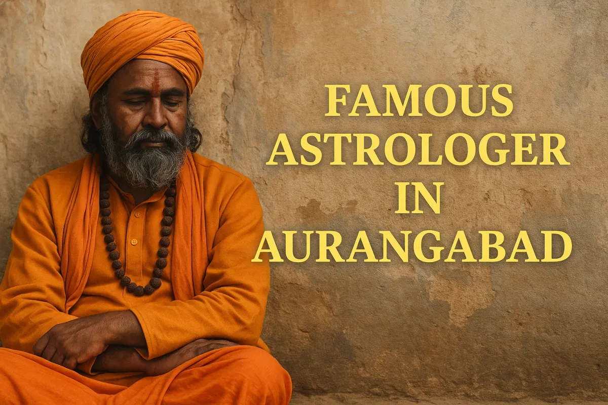 An Indian astrologer in saffron clothes sits calmly by an old wall Famous Astrologer in Aurangabad.