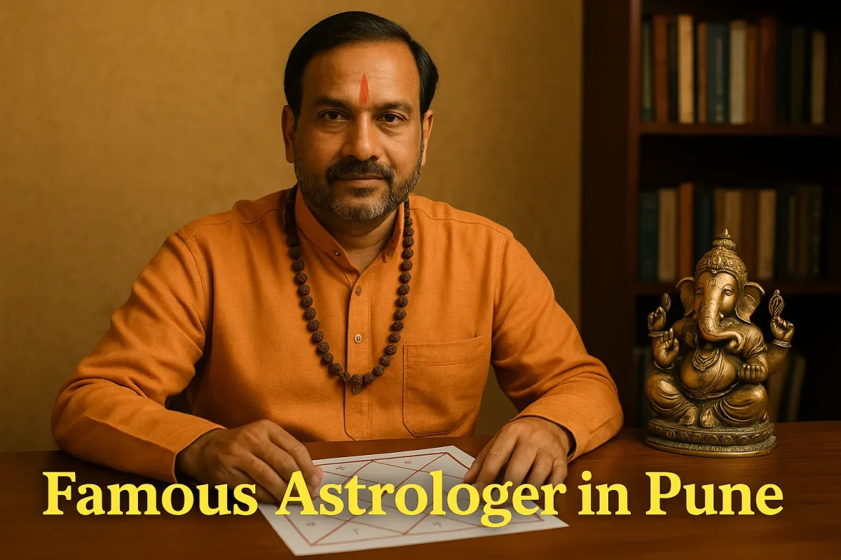 An Indian astrologer in a saffron kurta with a Rudraksha mala sits beside a Ganesha "Famous Astrologer in Pune".