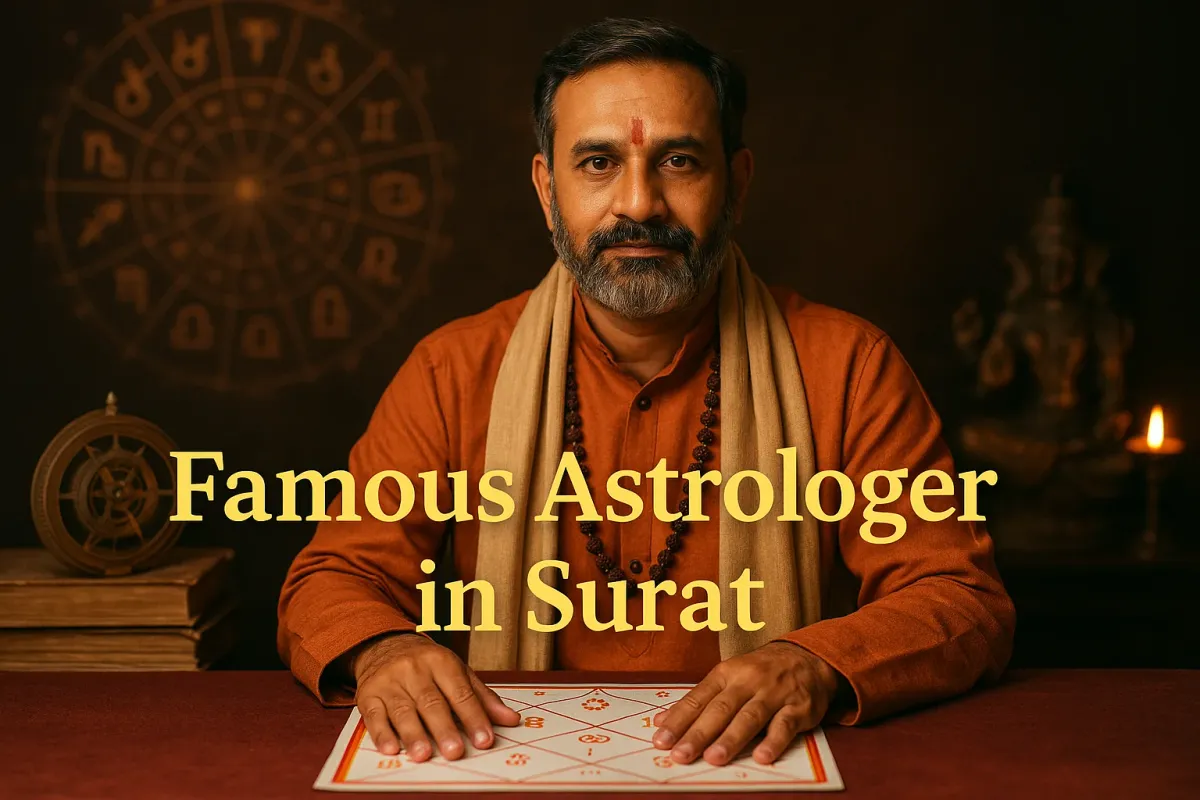 A famous astrologer in Surat in traditional attire sits at a table with a horoscope chart,