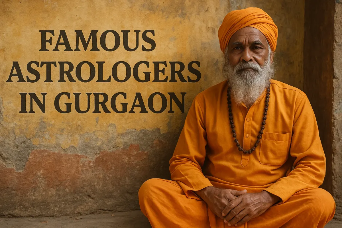An Indian astrologer in saffron clothes sits calmly near a wall Famous Astrologers in Gurgaon.