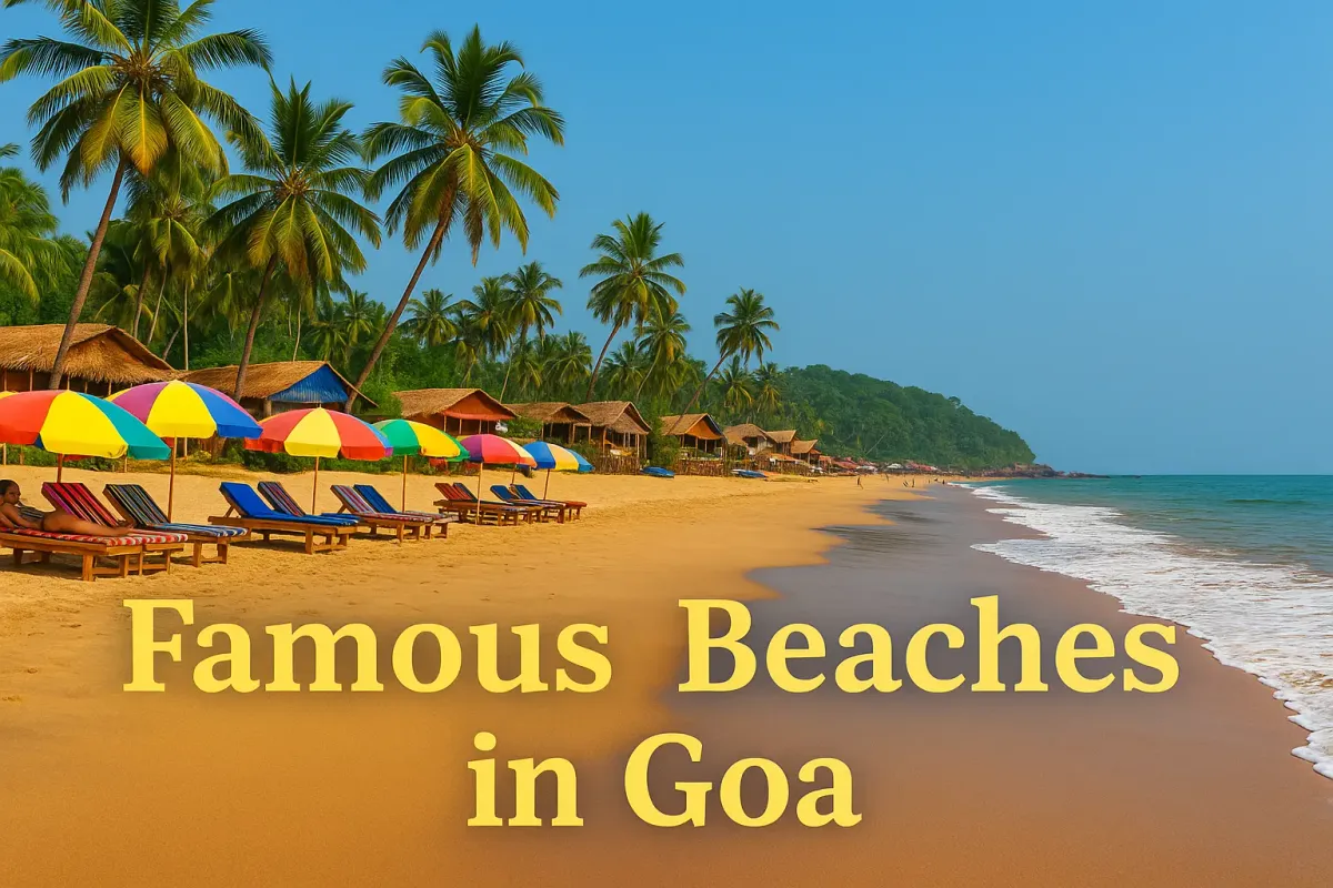 Goa beach with golden sand, colorful sunbeds and umbrellas, palm trees, beach huts, and a clear blue sky.