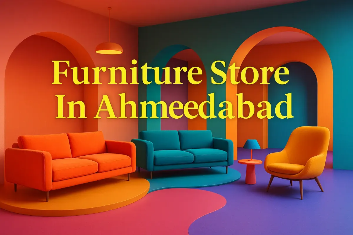 3D furniture store in Ahmedabad with vibrant sofas, bold arches, and highlighted Lora font text on colorful backdrop.