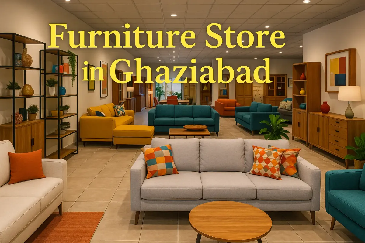 Colorful furniture showroom in Ghaziabad with modern sofas, wooden cabinets, and vibrant home decor accents.