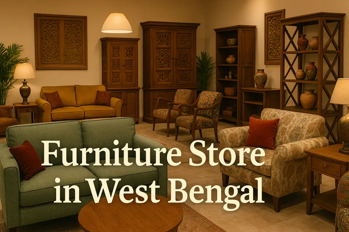 Traditional and modern furniture showroom in West Bengal with wooden cabinets, sofas, and warm-toned decor.