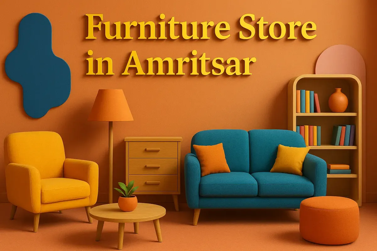 Colorful 3D interior of a furniture store in Amritsar with bold Lora font text and stylish modern decor.
