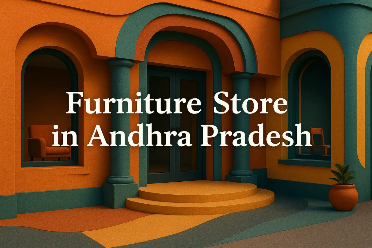 Colorful 3D exterior of a furniture store in Andhra Pradesh with modern design, arched windows, and bold highlighted text.