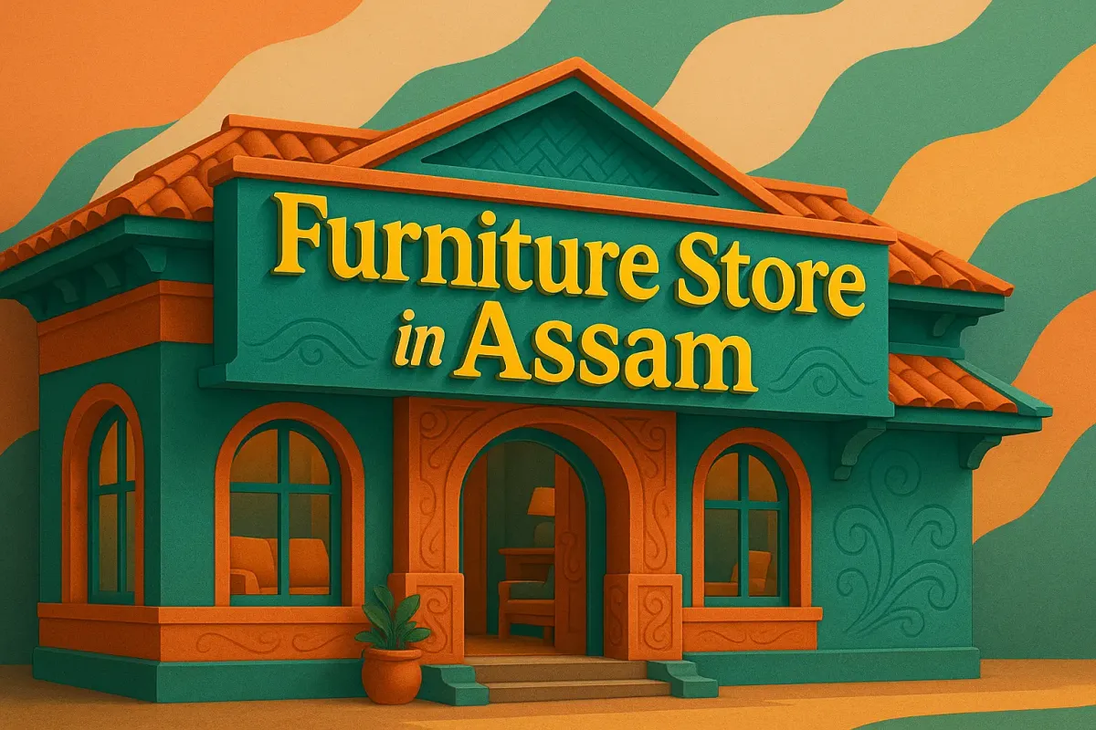 Colorful 3D exterior of a furniture store in Assam with traditional design, bold text, arched windows, and vibrant colors.