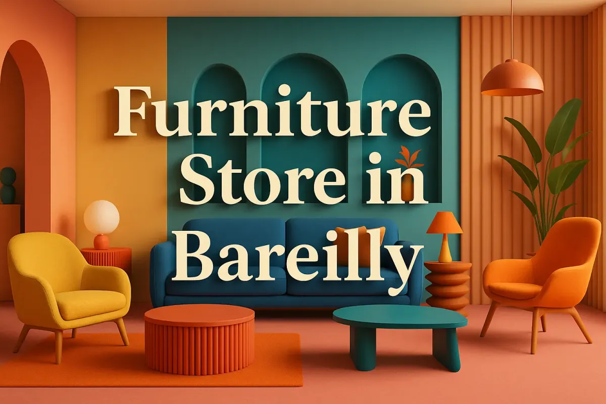 Colorful 3D interior of a furniture store in Bareilly with bold Lora-font text and creative modern decor.